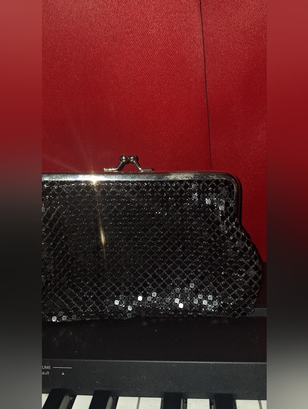 Lancome Black Sequin Evening Clutch with Silver Frame